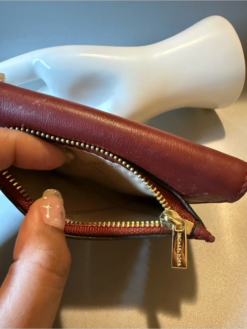 Michael Kors Burgundy Leather Tri-Fold Wallet Gold Turn Lock Coin Pocket 🖤